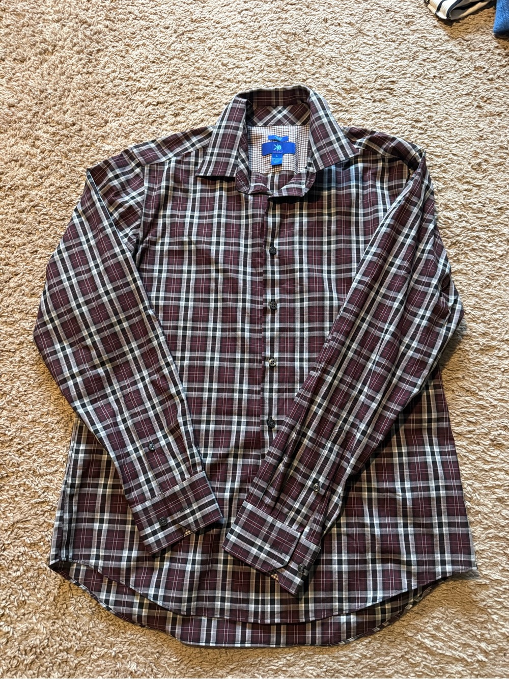 Egara Men’s Burgundy and White Plaid Button-Down Shirt